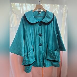 VINTAGE Teal Peter Pan Collar Swing Blazer Jacket with Black Trim